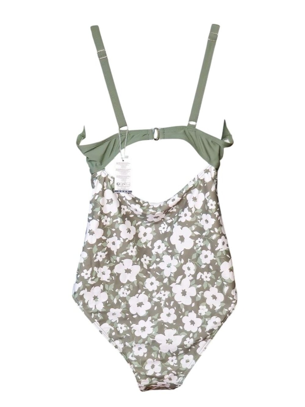 Green Floral One-Piece Swimsuit M Knot Front Cutout Adjustable Straps Lined - Picture 3 of 9